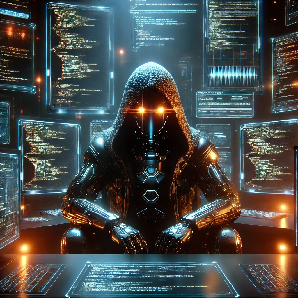 Mysterious, hacker-style futuristic robot.