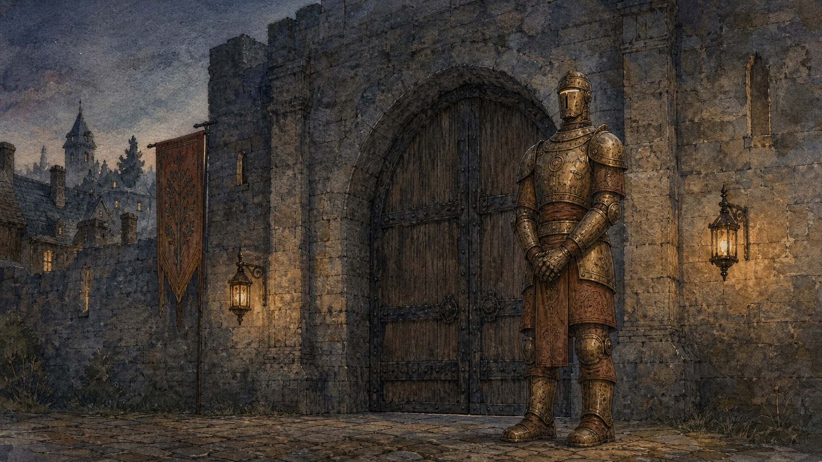 A fantasy automaton stands watch at a quiet stone kingdom gate at dusk.